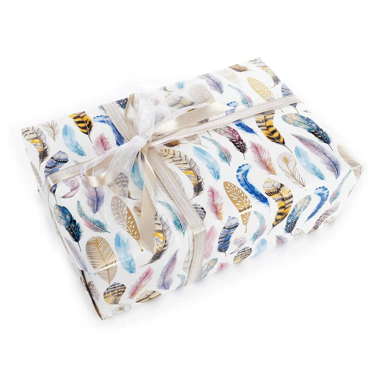 Papier Cadeau Blanc Durable Avec Plumes Colorées - Rouleau De 50 M De Papier Cadeau-DecoWoerner