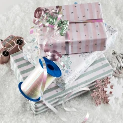 Papier Kraft Avec Flocons De Neige Bleu Clair, Rose, Argent & Menthe - Rouleau De 50 M De Papier Cadeau-DecoWoerner