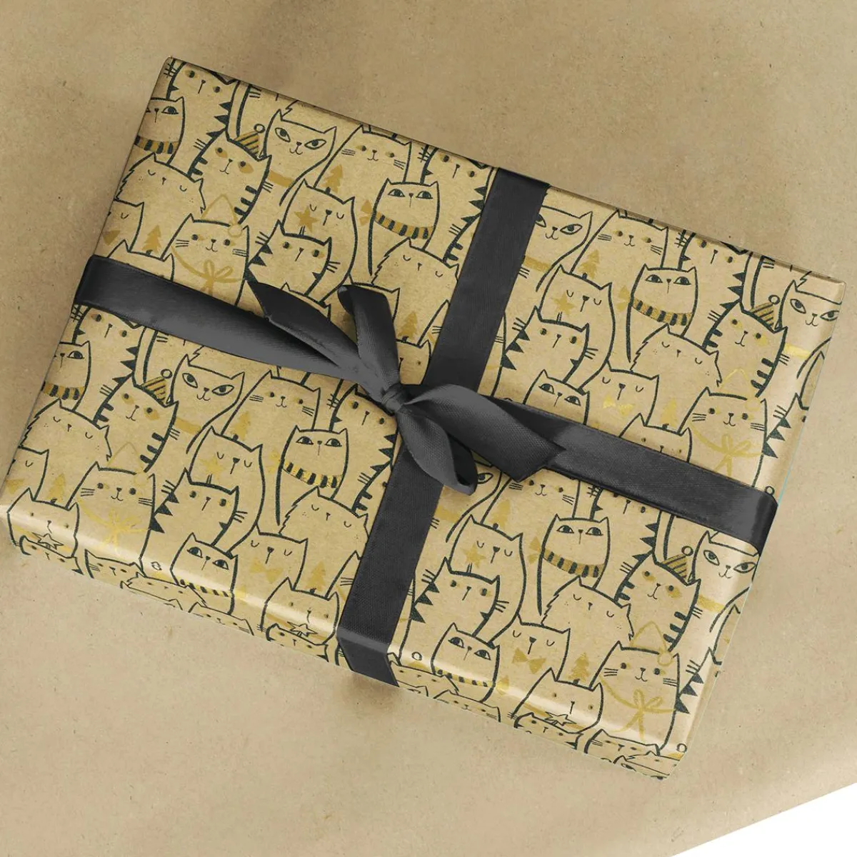 Papier Kraft Recyclé Avec Chats & Détails Dorés - Rouleau De 50 M De Papier Cadeau-DecoWoerner Best