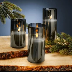 Set De Bougies De Cire LED En Verre 3 Pièces Fumé 7,5 Cm Ø 17,50 Cm-DecoWoerner Discount